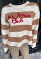 Sweterek w paski z napisem, biało beżowy