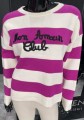 Sweterek w paski biało fioletowe, z napisem