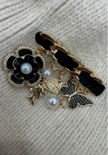 Modna broszka łańcuch z ozdobnym kwiatem, motylem i torebką 1